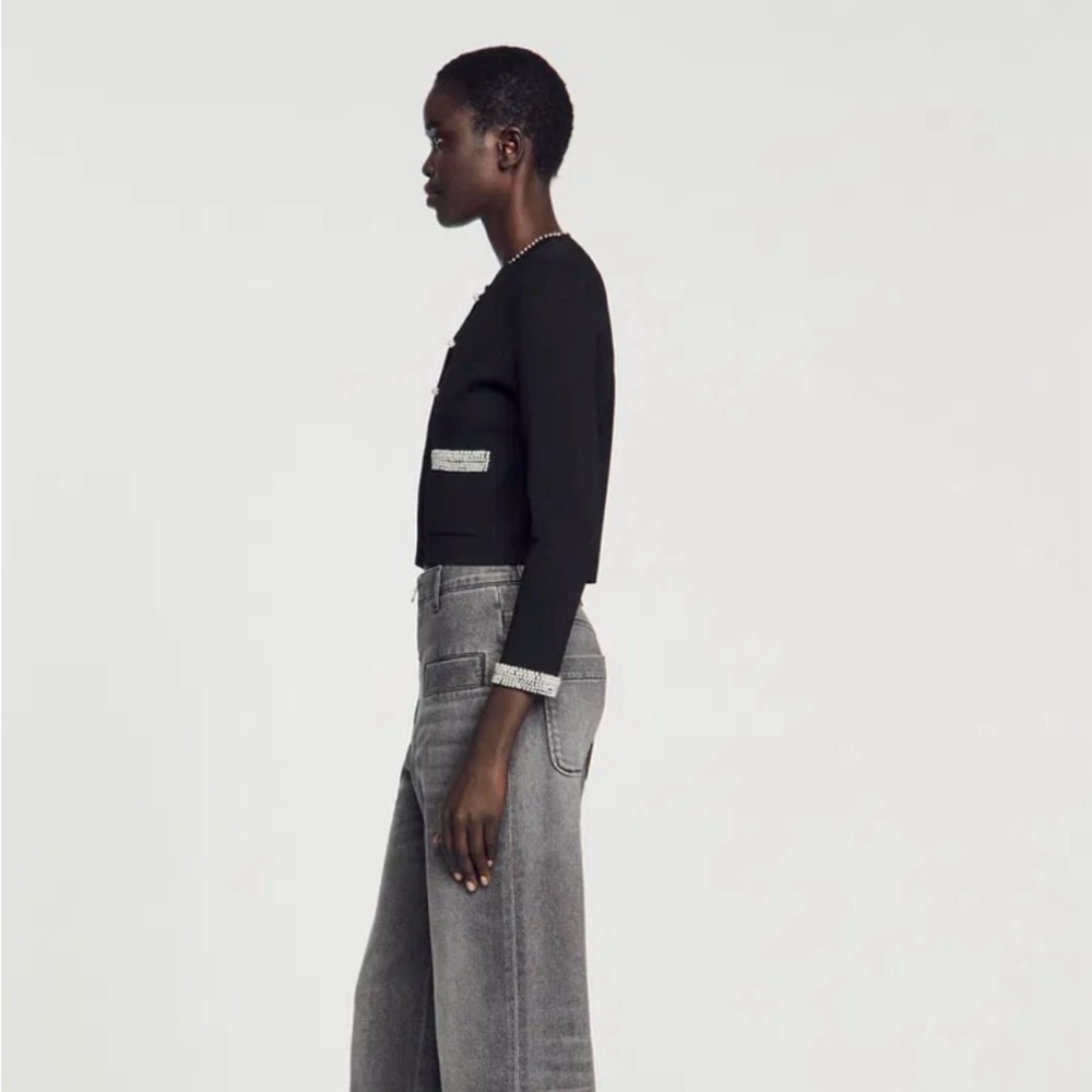 Sandro Black Cropped Cardigan with Crystal Trim - Picture 4 of 15